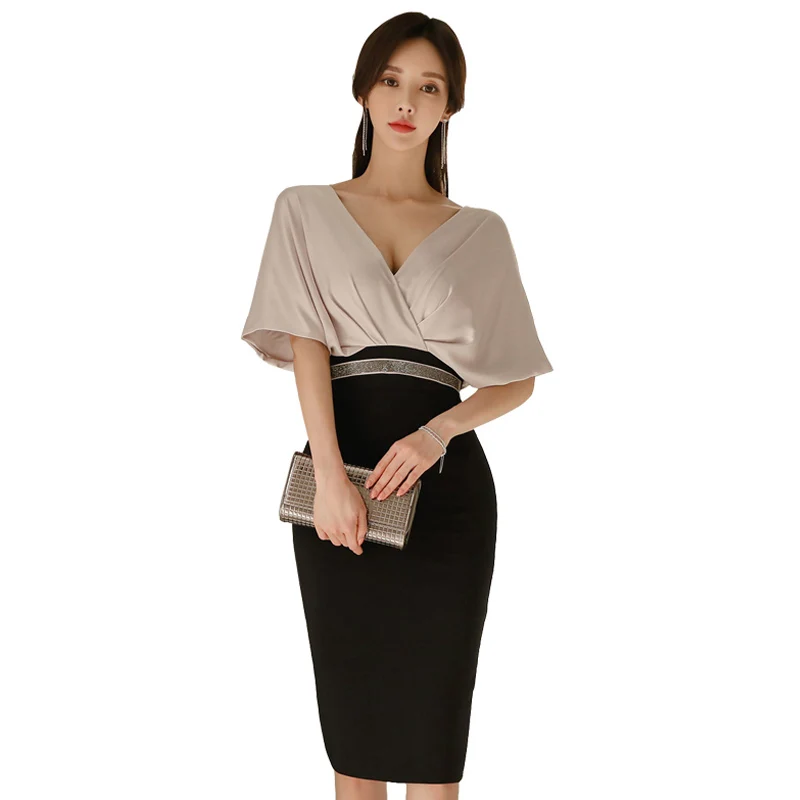 

New Spring Summer Chic High Waist Slim Temperament Office Lady Dress Sexy V-Neck Solid Color Elegant Women's Slim Party Dresses