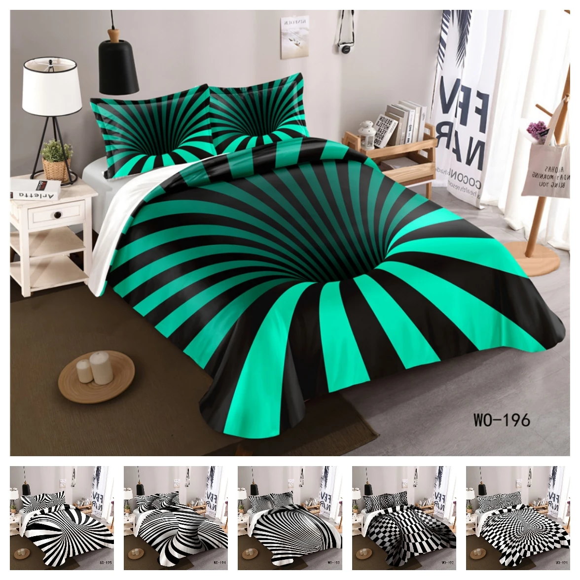 

Abstract geometric lattice black and white psychedelic illusion figure 10 patterns 3d duvet cover single double bed