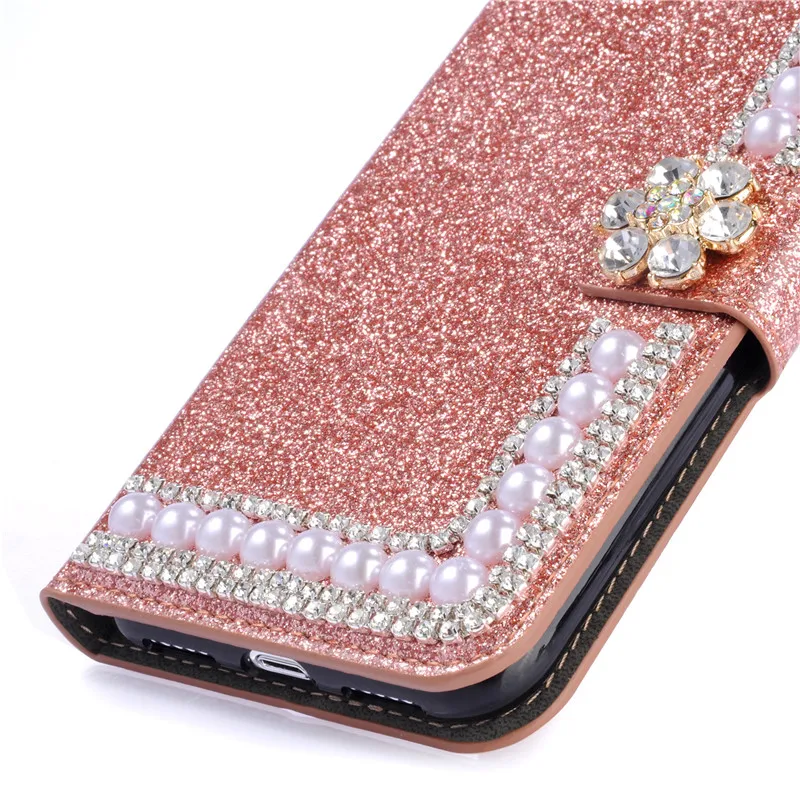 Блестящий чехол кошелек из искусственной кожи с 3D цветком и жемчугом для Iphone 11 Pro