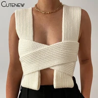 cutenew solid kintted sexy low cut backless bandage crop tops women summer simple sleeveless tank tops wild slim lady casualwear