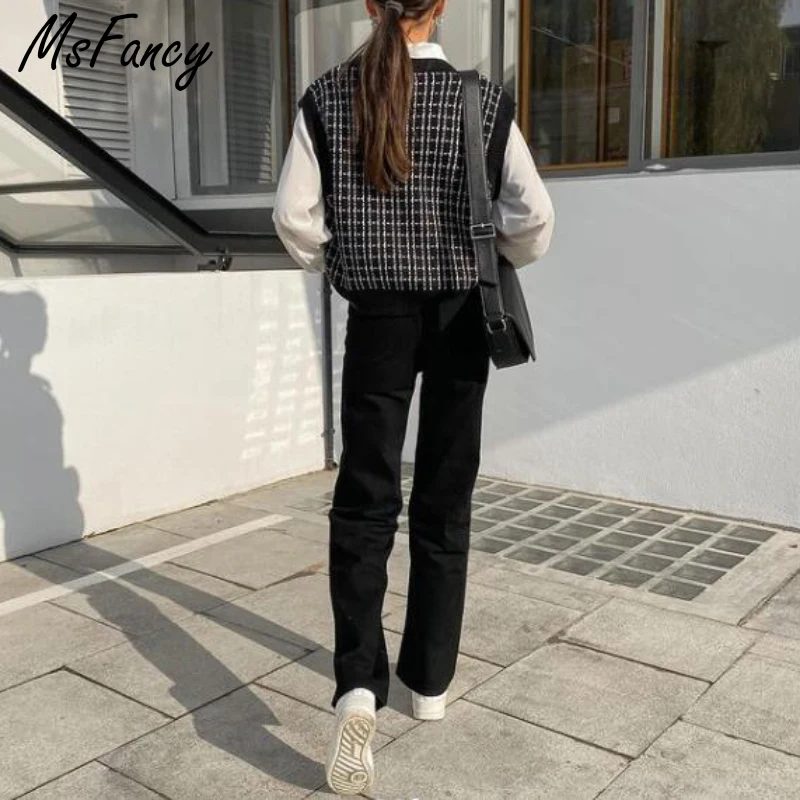 Msfancy клетчатый свитер жилет Женский вязаный пуловер без рукавов с V образным