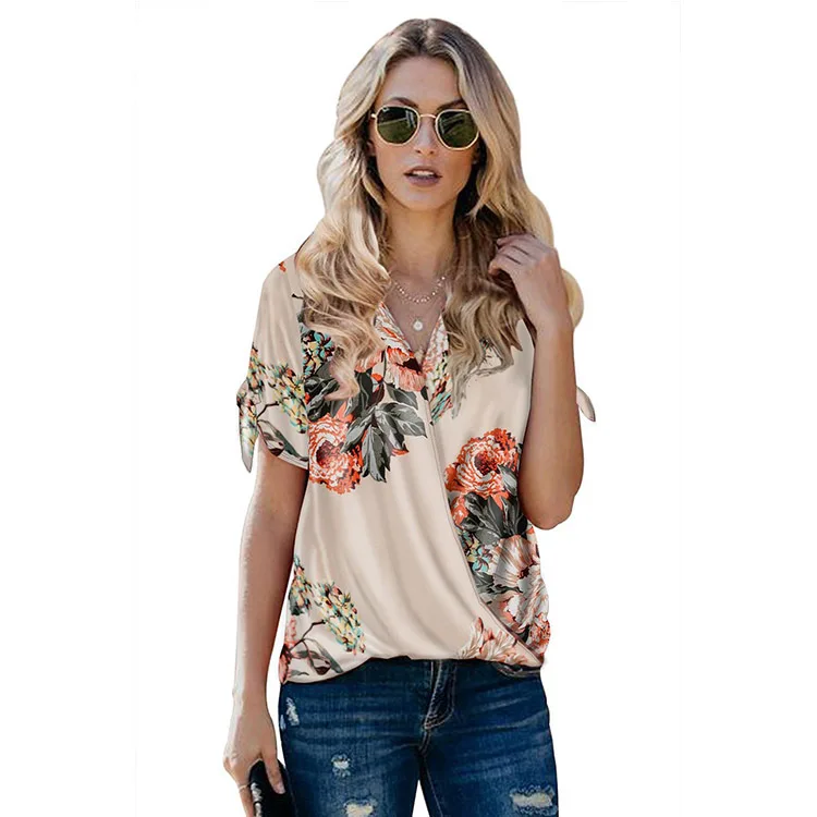 

Fashion V-neck shirt women 2021 summer new color matching printing loose pleated pullover top one