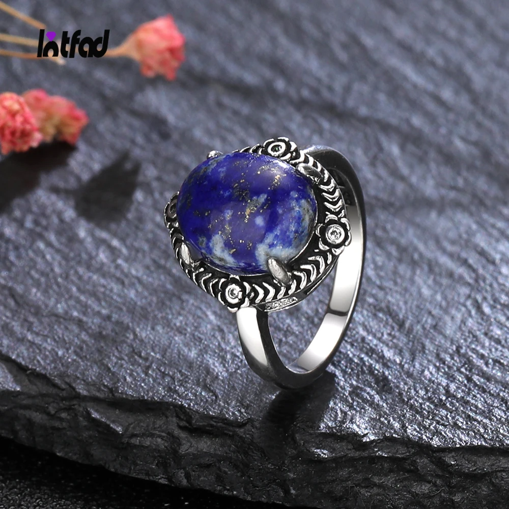 

Natural 10*12MM Lapis Sterling Silver 925 Rings Retro Turquoise Finger Ring for Women Fine Jewelry Gift Labradorite Moonstone