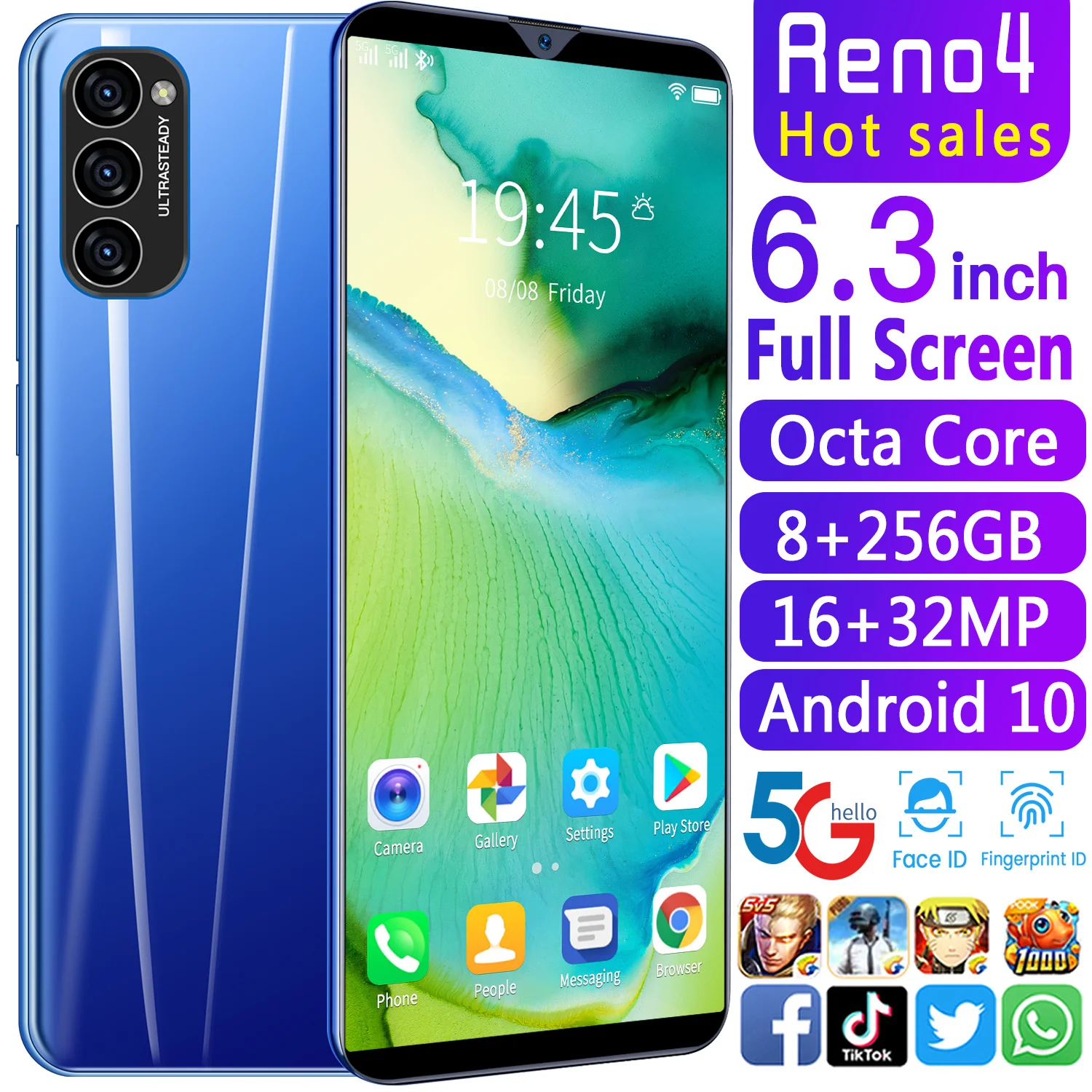 

Reno4 6.3inch Smartphone 5000mah Android 10 Dual SIM 5G 16MP+32MP HD Camera Face Wake 8GB+256GB Global Version Network Phon