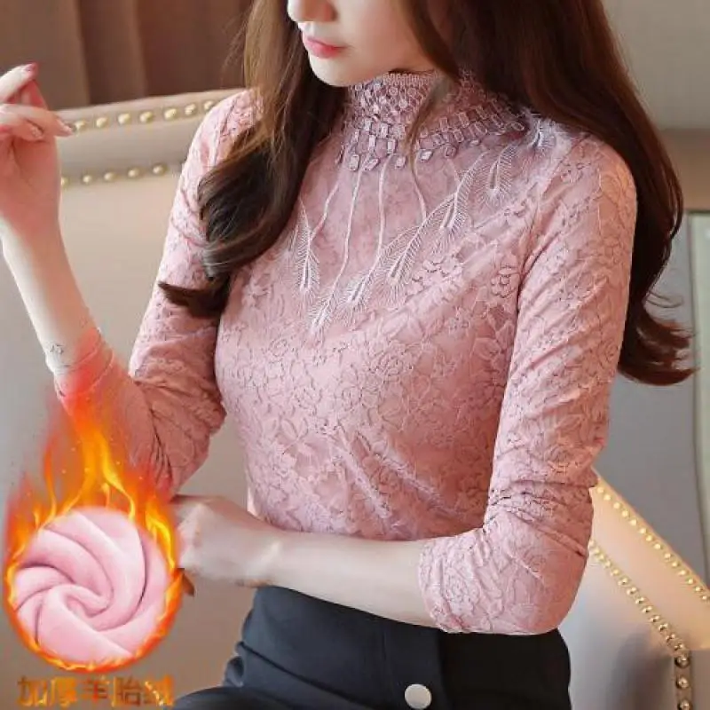 Plus size tops fashion woman blouses 2020 white lace blouse shirt long sleeve women shirts blusas femininas Warm Fleece Thicken | Женская