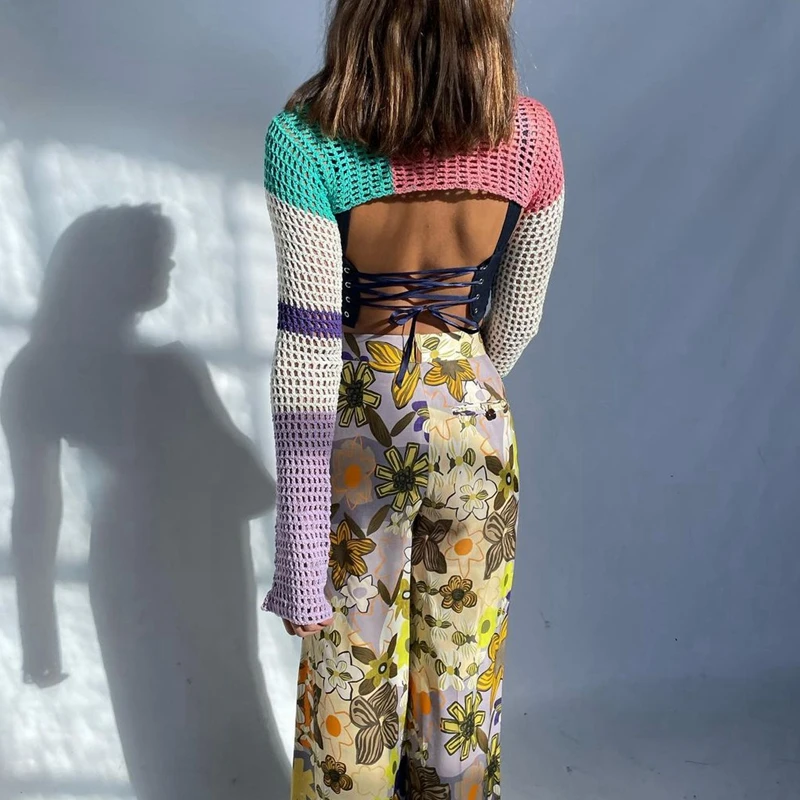 Кроп-топ женский трикотажный с длинным рукавом составного кроя | Женская одежда