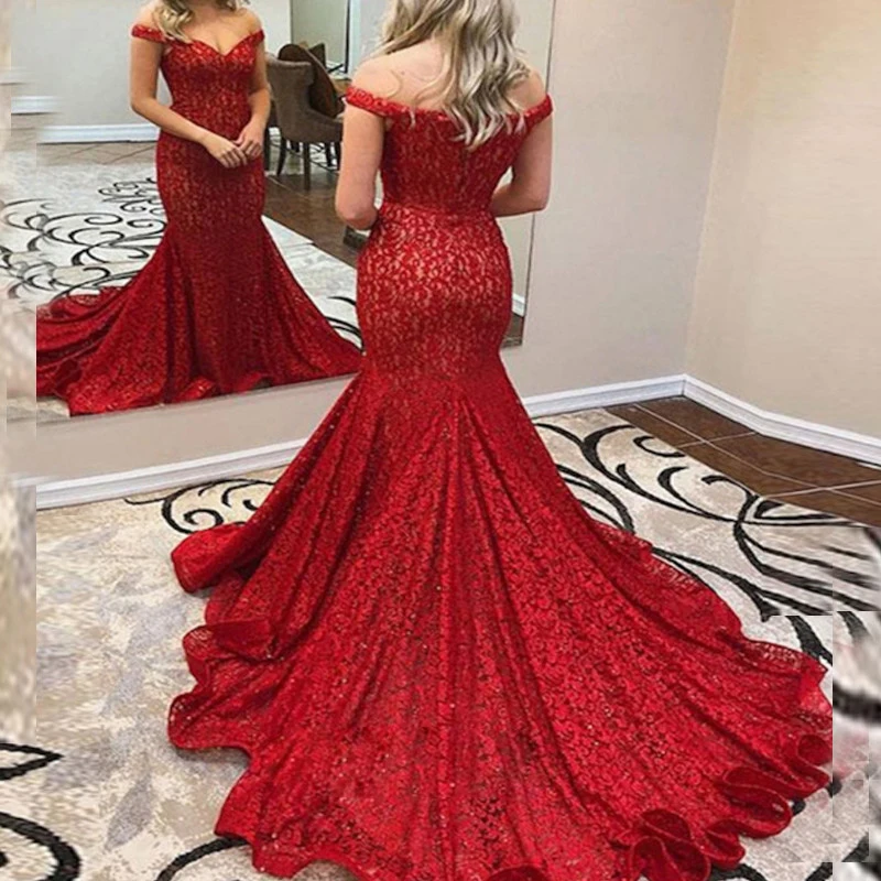 

gy Special Occasion Islamic Dubai Saudi Arabic Long Prom Dress Off Shoulder Evening Dress Red Lace robe de soiree Formal Dress