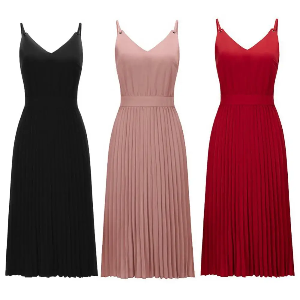 

Dresses For Women 2021 Elegant Wedding Women Sexy Solid Color V Neck Spaghetti Straps Pleated Large Hem Midi Dress vestidos