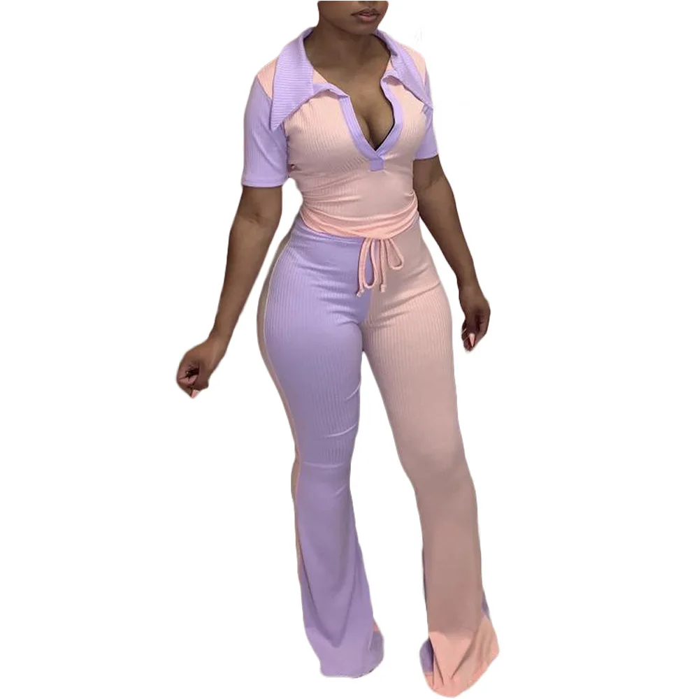 

Summer Two Piece Outfits Women Sets Clothes 2021 Black Girl Short Sleeve Top High Waist Flare Pants Trousers Streetwear