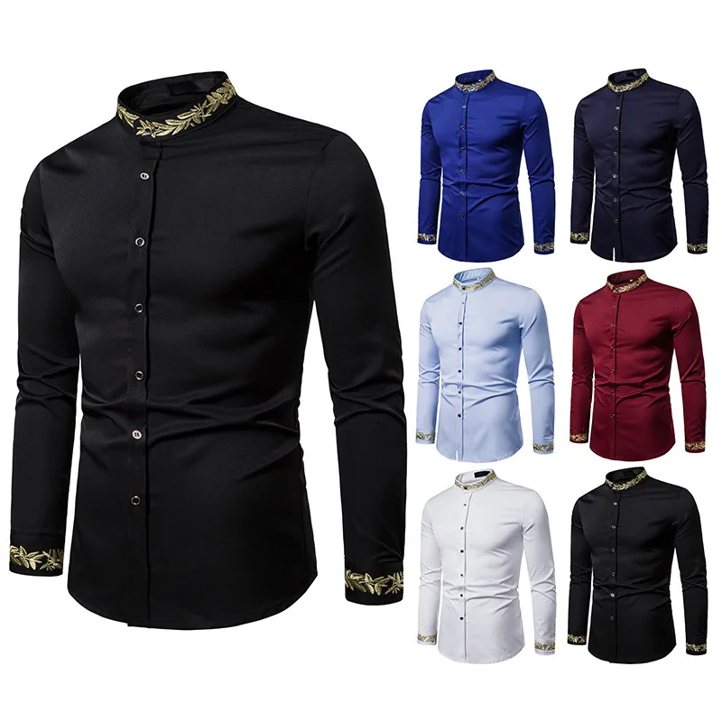 Men's brand new long sleeve holiday business leisure style embroidery fashion shirt wedding best man dress mens shirts | Мужская