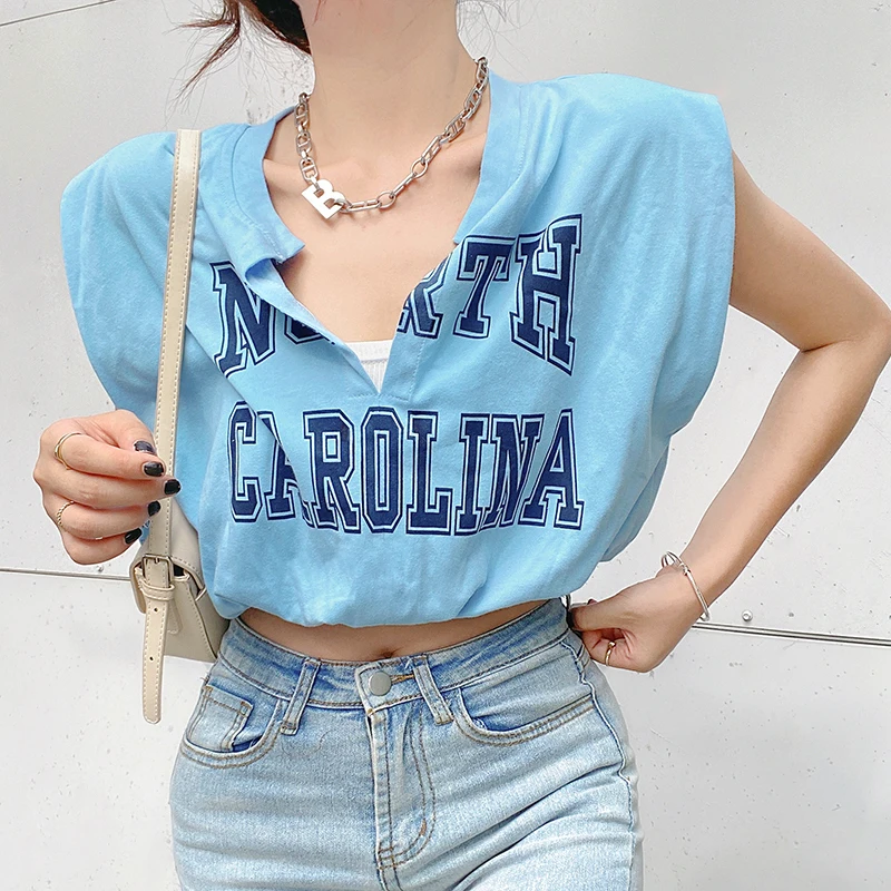 

2021 Summer Blue V-neck Letter Print Elastic Waisted Flying Sleeves Top Women Ins Cool Pullover T-shirt Fashion Simple Tees