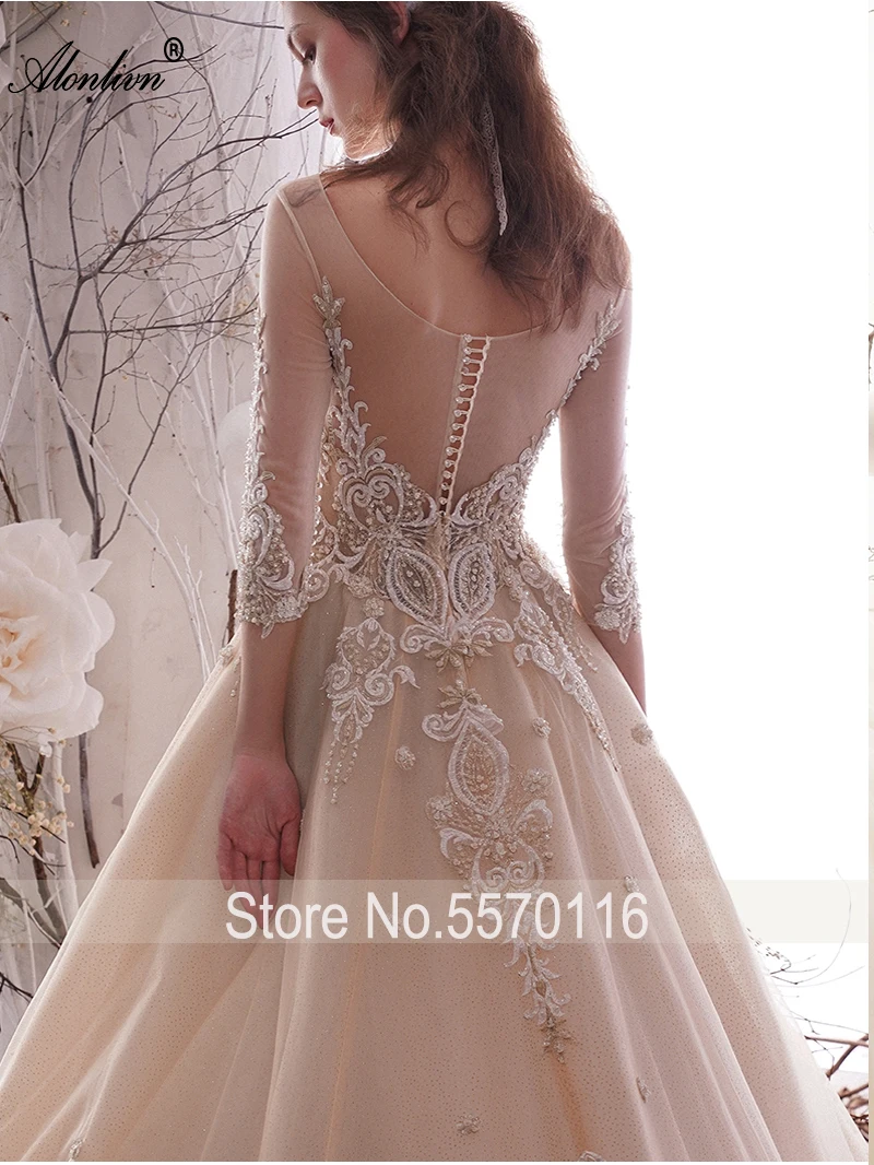 Блестящее свадебное платье с жемчугом и круглым вырезом со шлейфом|Свадебные