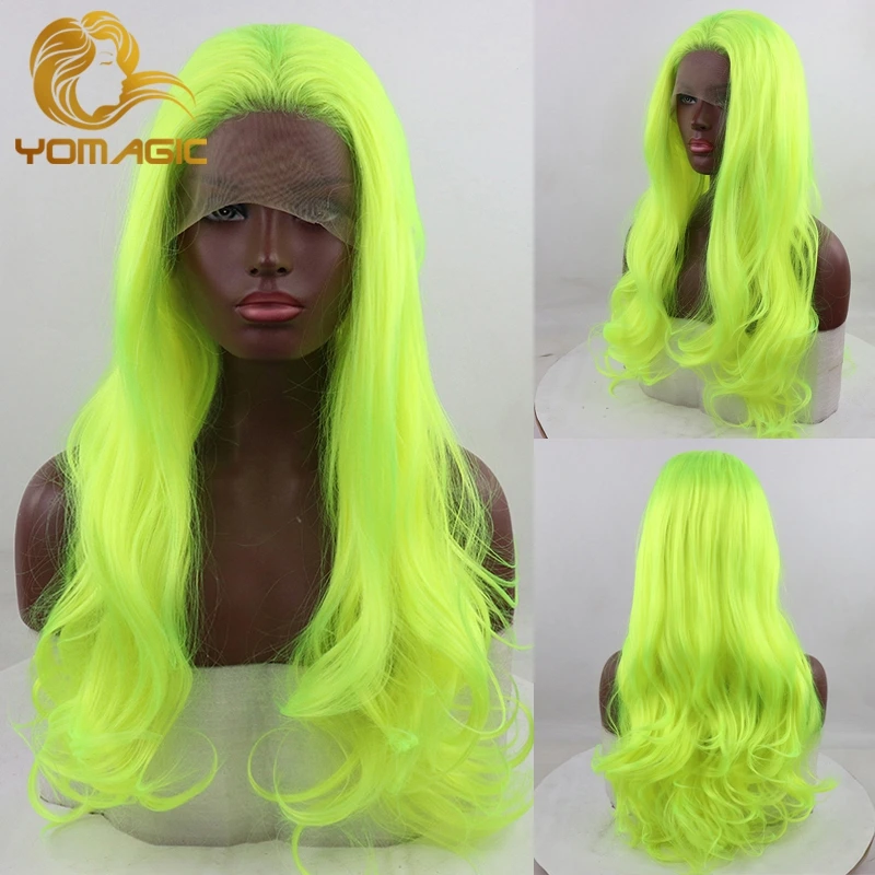 

Флуоресцентный зеленый парик yomic из синтетического кружева для женщин, парик из термостойкого волокна, без клея, с детскими волосами