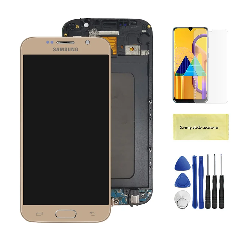 Gold With Frame Для samsung Galaxy S6 G920 SM-G920F G920F G920FD кодирующий преобразователь сенсорного экрана в сборе запасные части для Galaxy S6 ЖК-экран - Цвет: Gold With Frame