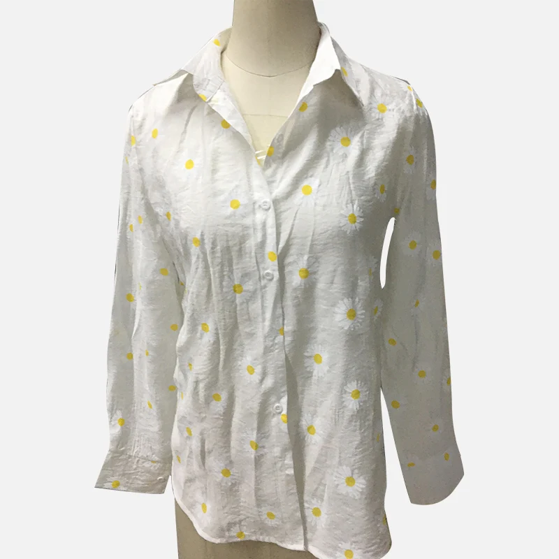 Рубашка женская с принтом ромашек белая Свободная блуза длинным рукавом V