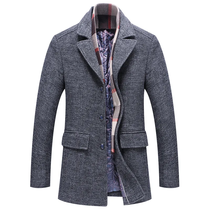 Autumn Winter Men's Wool Blends Coat Warm Men Woolen Overcoat Double Collar Scarf Detachable Casual Solid Thick Trench Coat Male
