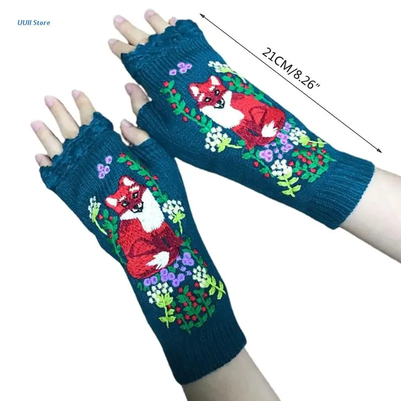 

Women Winter Knitted Lengthen Wrist Fingerless Gloves Elegant Colorful Animal Embroidery Crochet Thumbhole Mittens Stretchy Arm