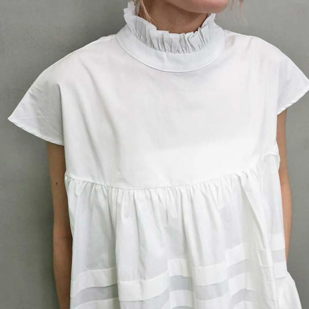 

2021 Summer Japanese Korean Solid Color Blouse Half High Collar Fashion Temperament Commute Back Tie Casual Summer