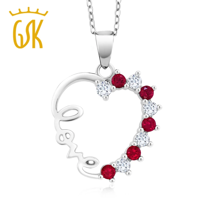GemStoneKing создан РУБИН & Белый сапфир сердце любовь кулон ожерелье серебро 925 пробы