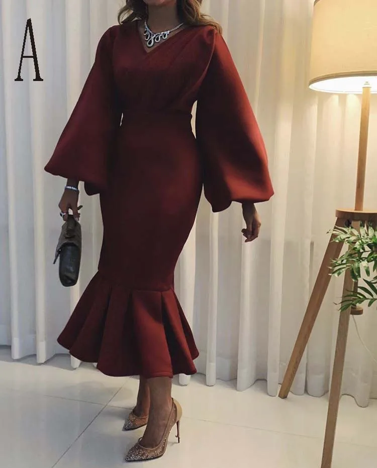 

2020 Simple but Elegant V Neck Pleated Long Sleeve Tea Lenght Prom Dresses