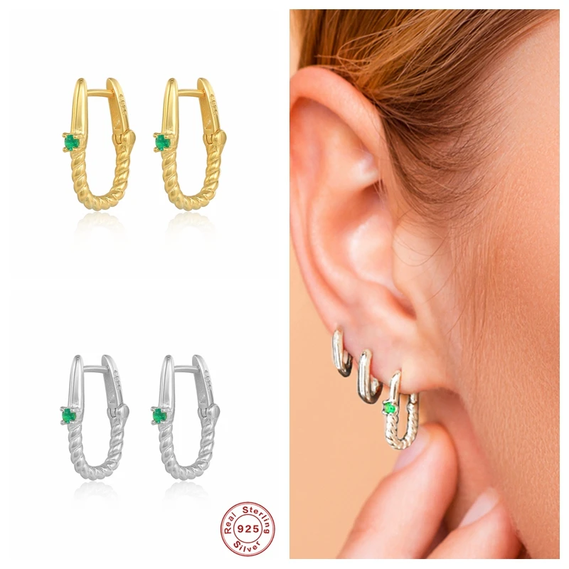 

GS 925 Sterling Silver Rectangle Twisted Hoop Earrings For Women Luxury Green Zircon CZ Huggie Earrings 2021 Trend Jewelry