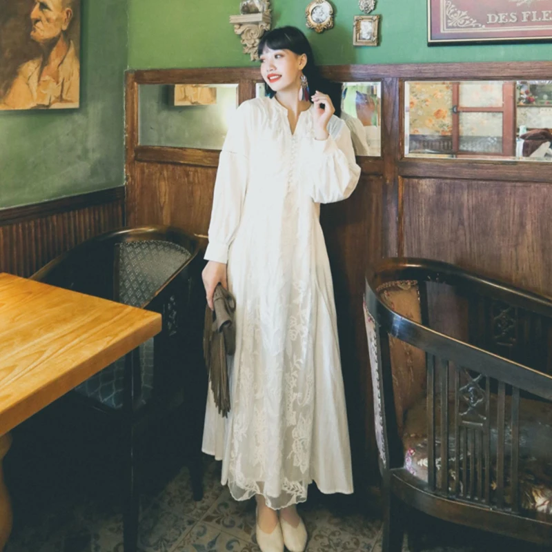 

Fashion Swing Floral Lace Embroidery Maxi Dress Elegant Muslim Arabian Oman Puff Sleeve Dresses 2022 New Fall White Robe Femme