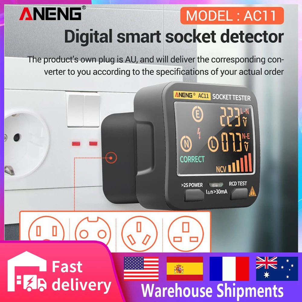 

ANENG AC11 Socket Tester Voltage Circuit Polarity Phase Detector US/UK/EU/AU Plug Ground Zero Line Phase Check Rcd NCV Test