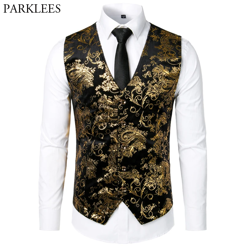 Men Jacquard Floral Vest Luxury Shiny Bronzing Men Suit Vests Nightclub Party Men Dress Vest Casual Mens Wedding waistcoat Gilet