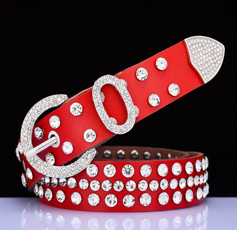 Fashion genuine leather rhinestone belts for women Luxury shining silver ring Pin Buckle belt female jeans strap width 2.8 cm