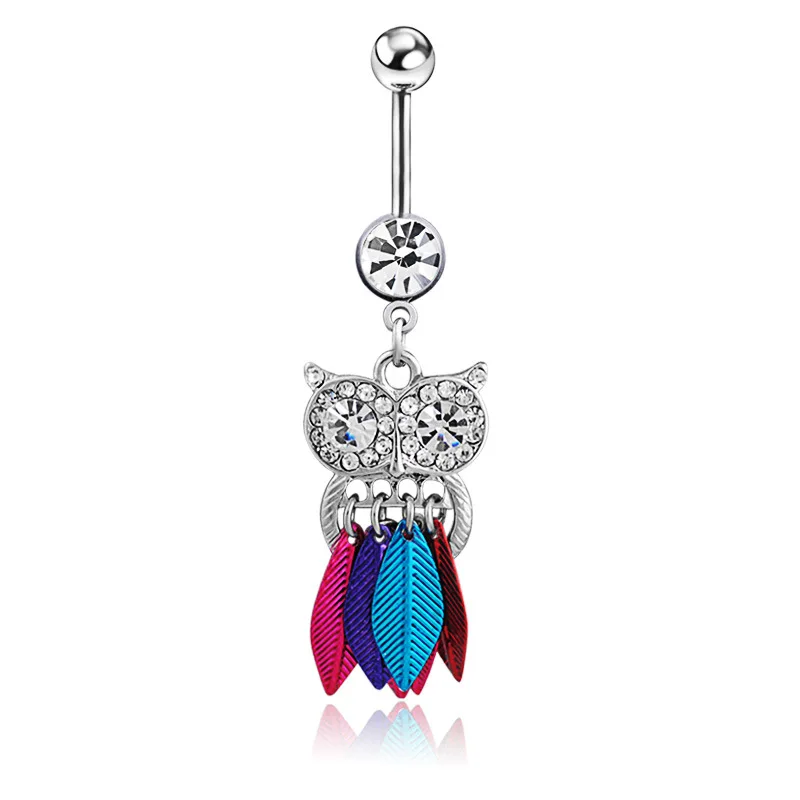 

New Style Personalized Tassel Color Leaf Owl Umbilical Button Medical Stainless Steel Animal Belly Button Ring