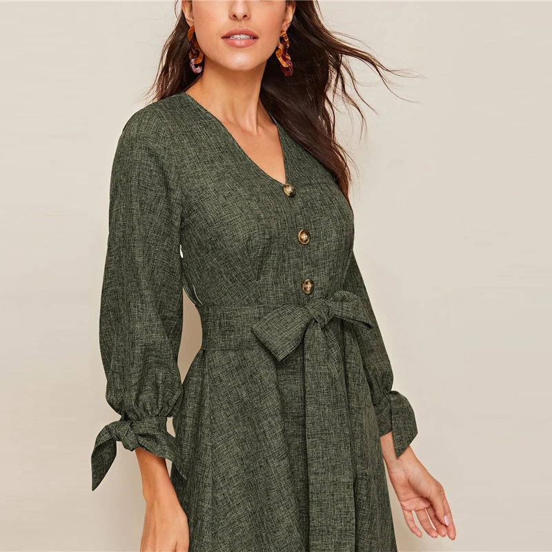 SHEIN летнее платье с v-образным вырезом на пуговицах и манжетах спереди, элегантное платье трапециевидной формы с бантом и высокой талией, коллекция года, весна-осень
