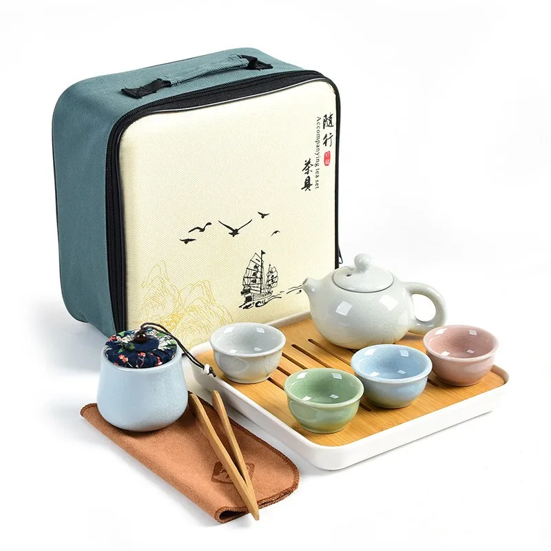 

Ceramic Kung Fu Tea Set,Portable Travel Tea Set Wrap in Gift Box