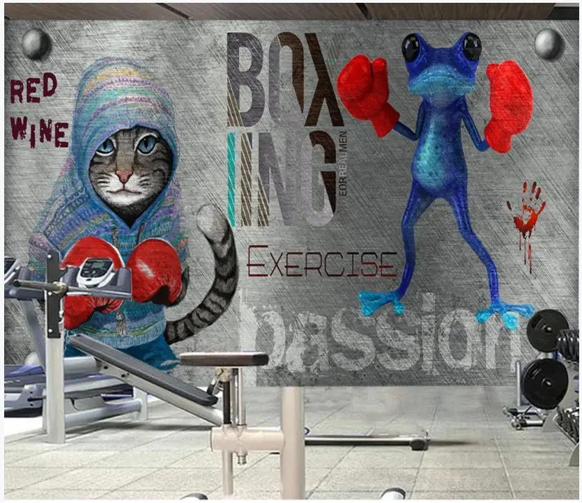 3D murals wallpaper custom photo wallpaper Hand drawn cartoon cat frog boxing gym background wall papers  living room decoration