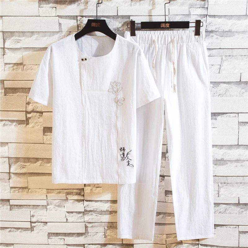 (Рубашка + брюки) 2021 Летняя мужская рубашка мужские рубашки из хлопка и льна