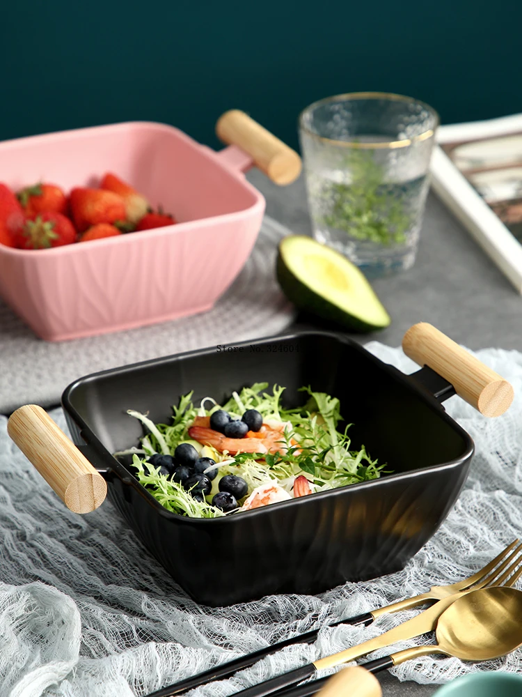 

Ceramic Square Big Soup Bowl Double Ear Handle Fruit Salad Plate INS Creative Large Capacity Tableware Kitchen Storage Tool