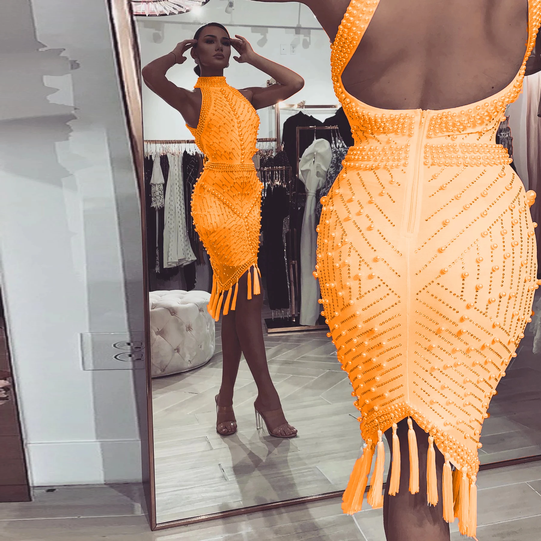 

Женское Короткое атласное коктейльное платье с высоким воротником без рукавов платье для выпусквечерние вечера с блестками бисером бахром...