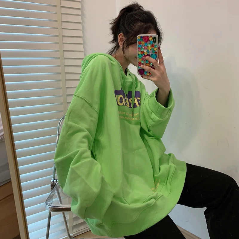 

Green Oversized Hoodies Korean Streetwear Sweatshirt Men Women Casual Pullover Hip Hop Long Sleeve Letter Print Sport Swear Tops
