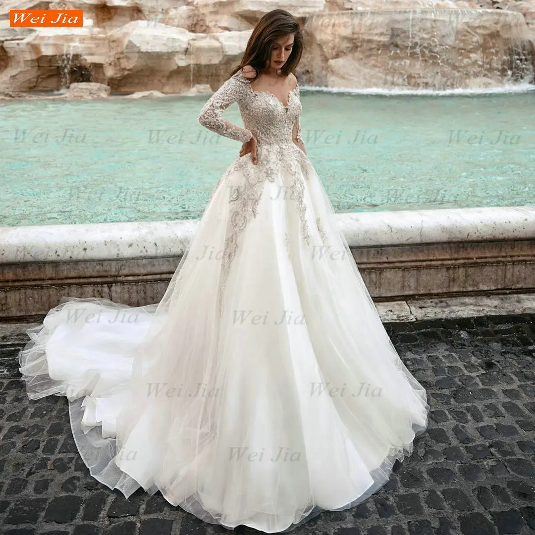 

Long Sleeves Wedding Gowns 2021 Lace Up vestido de noiva Customized hochzeitskleid A Line Tulle Appliqued Beading Bride Dresses