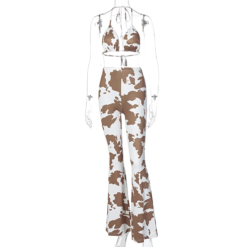 

Hugcitar 2020 Milk Cow Print Bar Flare Pants 2 Piece Set Autumn Winter Women Fashion Backless Bandage Leggings Tracksuit