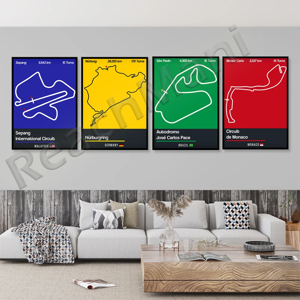 

Hot F1 Race Car Circuit Poster Prints Wall Art Canvas Painting Picture Living Home Room Decor Canvas Art