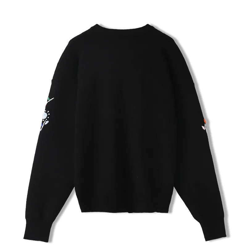 

Autumn Women Pullover Contrast Color Cherry Pattern Embroidery Female Tops O-neck Knitted Sweater Jumper Sueter Mujer Athleisure