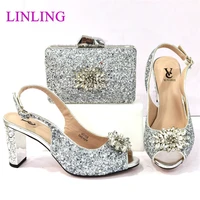 2021 lastest special many shapes colorful crystal decoration itlaian design women shoes and bag set in silver color for party