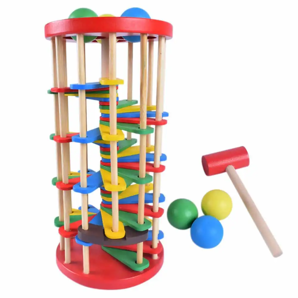

Children Wooden Knock The Ball Falls Ladder Toys With Hammer Colorful Montessori Intelligence Development Educational Tower Toy