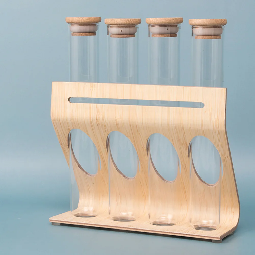 

1 Set Display Rack Wooden Rack with Four Transparent Coffee Bean Bottles
