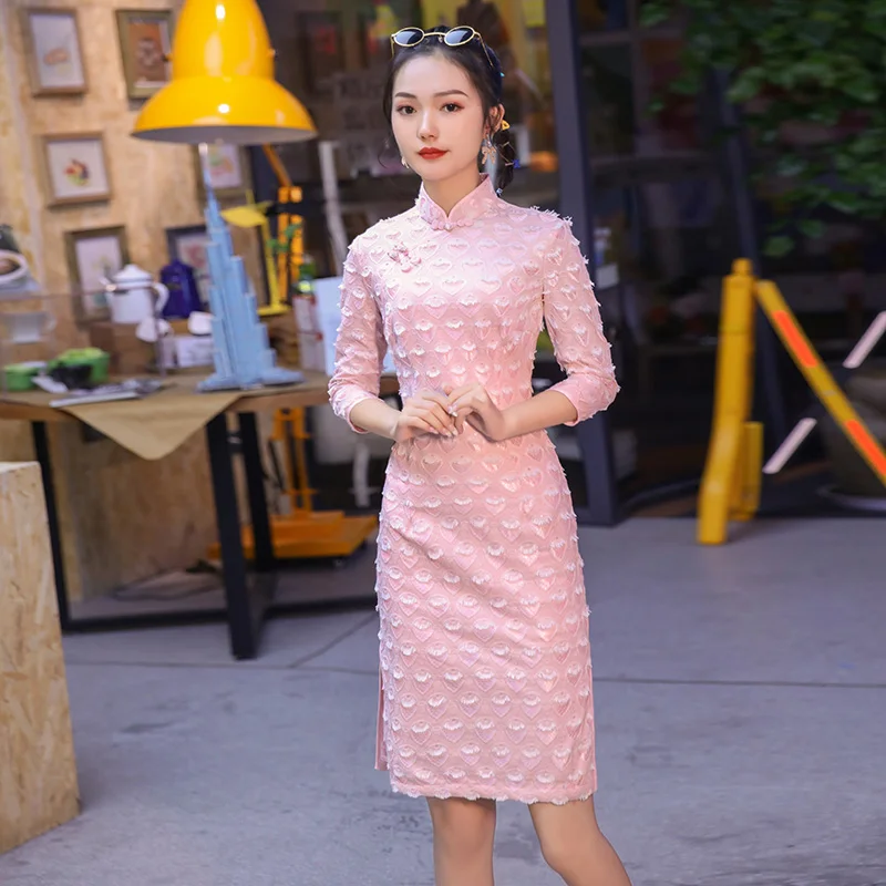 

Pink Chinese Love Lace Dress Elegant Slim Plus Size Qipao Mandarin Collar Vintage Cheongsam Sexy High Split Formal Dress