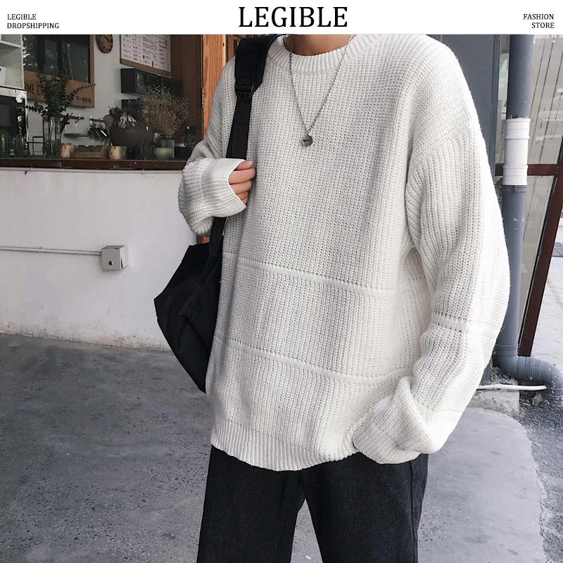 

Свитер мужской оверсайз с круглым вырезом, повседневный теплый пуловер, вязаный свитер свободного кроя, Осень-зима