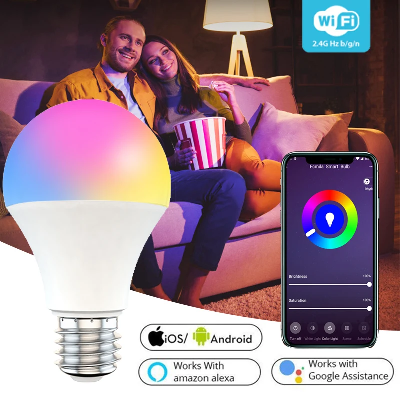 

Умсветильник лампа B22 E27 с Wi-Fi, 15 Вт, светодиодная лампа RGB, работает с Alexa/Google Home, 85-265 в, RGB + белый, с регулируемой яркостью, функция таймера, волш...
