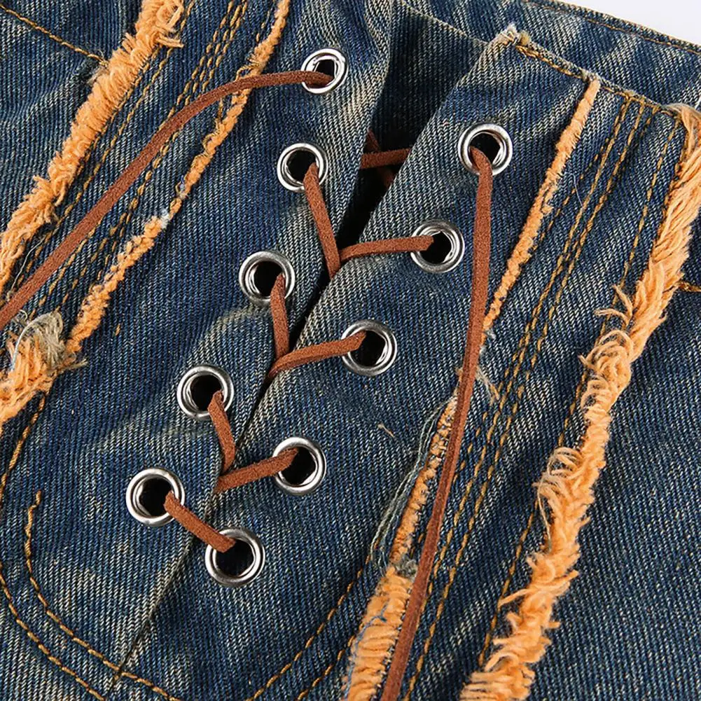 

Jeans Lace Up Straight Pants Women Rough Selvedge Stripes Denim Straight Trousers for Street Spring Autumn Women's Clothing 2021