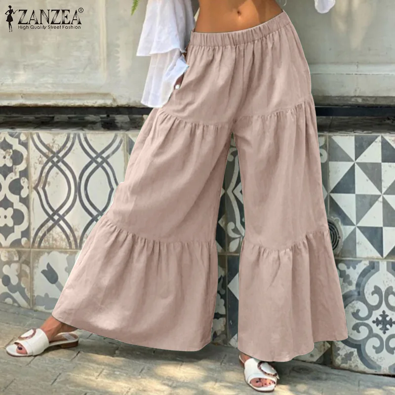 

Брюки ZANZEA женские с широкими штанинами, повседневные однотонные плиссированные штаны с оборками, с эластичным поясом, большие размеры, лето...