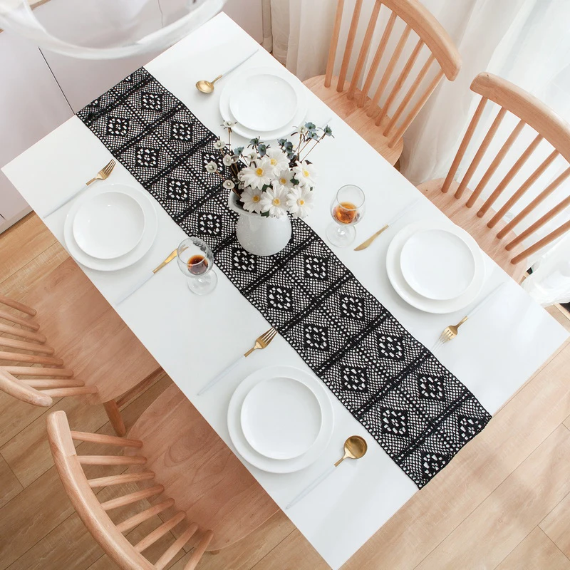 

Handmade Crochet Lace Table Runner Tassel Edge Hollow Table Cover Wedding Party Decoration Cafe Side Cabinet ZB-M180&B